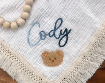 Embroidered Swaddle Blanket | Personalized Monogram Receiving Blanket | Boho Baby Milestone Nursery Decor | Teddy Bear Baby Shower Gift