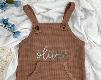 Personalized Baby Overalls with Custom Name Embroidery and Teddy Bear Patch | Unisex Gender Neutral Cocoa Jumpsuit with Kangaroo Pocket