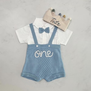 Personalized Baby&#39;s First Birthday Outfit: Knit Blue Overalls & Bow Tie