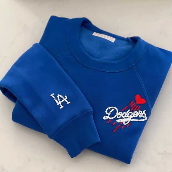 Royal Blue Dodgers Embroidered Raglan Crewneck Sweatshirt - MLB - Unisex Los Angeles LA Dodgers Baseball Chain Stitched Sleeve Embroidery