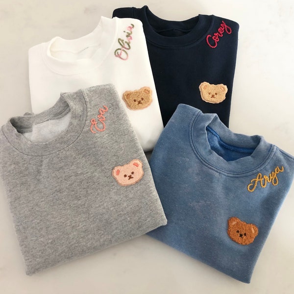 Embroidered Crewneck - Personalized Toddler/Youth Sweatshirt - Teddy Bear Patch with Chainstitch Embroidery Crewneck Sweatshirt