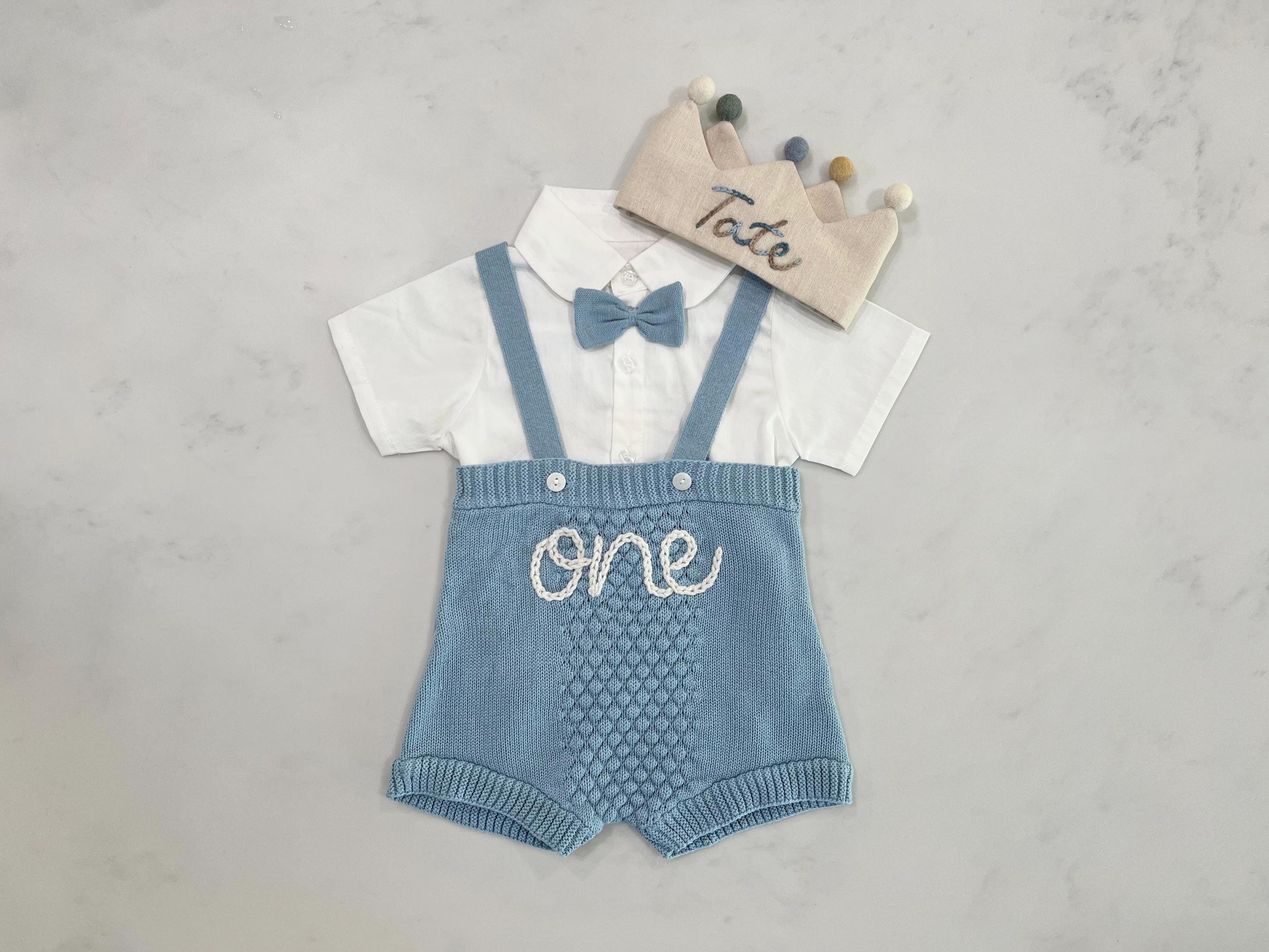 Personalized Baby's First Birthday Outfit: Knit Blue Overalls & Bow Tie