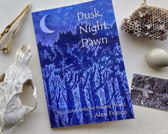 May include: A book titled "Dusk, Night, Dawn" with a blue forest illustration and a crescent moon. The book is accompanied by a skull, bones, a small print, a stone, and a honeycomb.