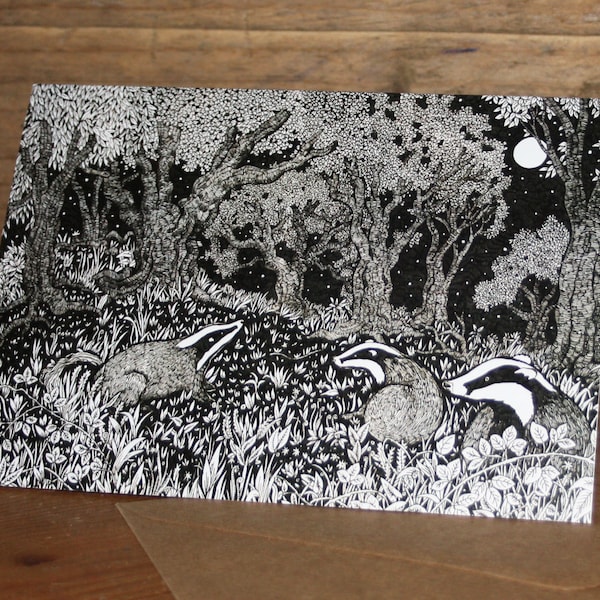 Badgers Beneath the Moon Greetings Card