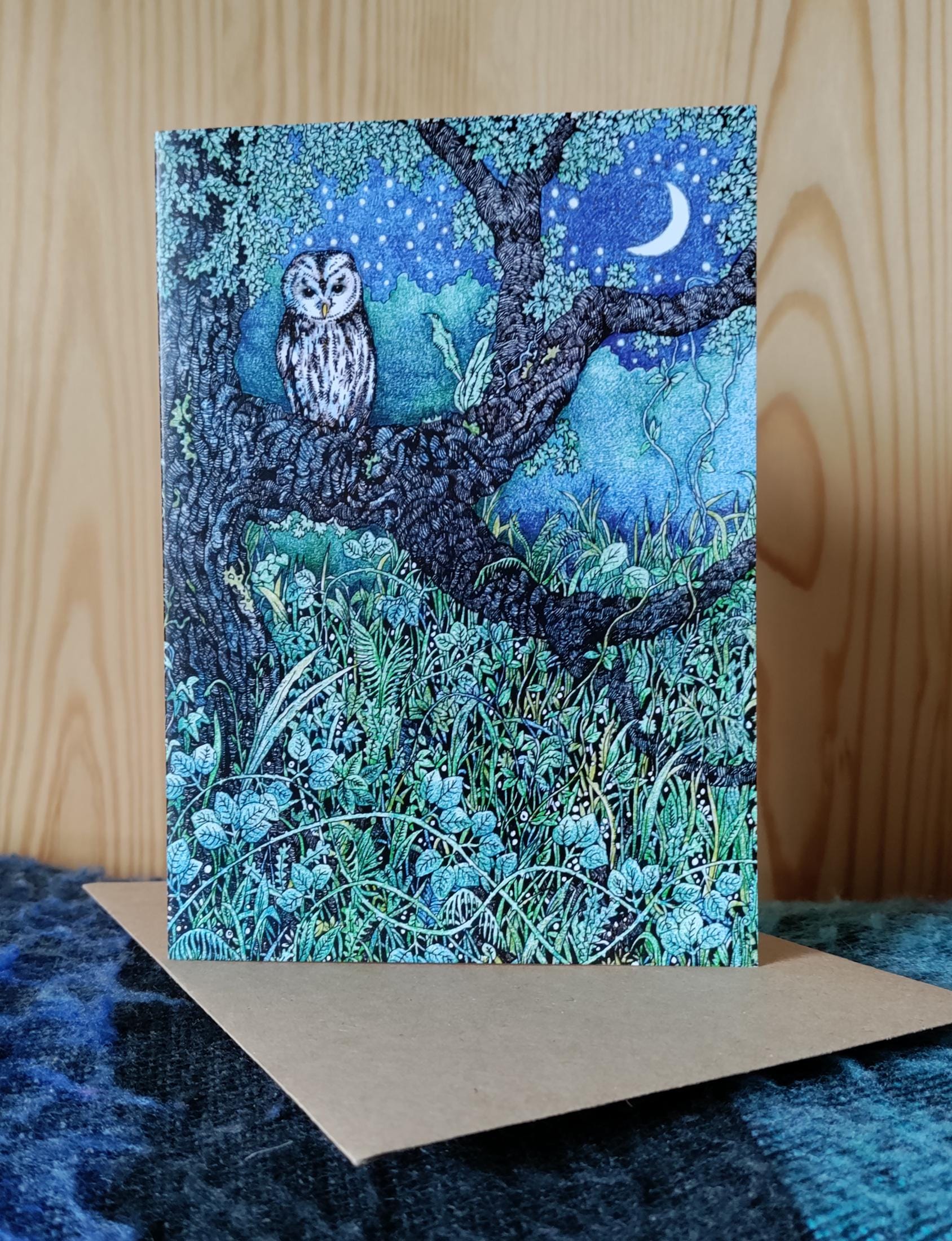 Owl and the Crescent Moon - Greetings Card