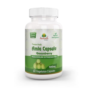 Puede incluir: Botella blanca con una etiqueta verde que dice "Amla Capsule Gooseberry MAXIMUM STRENGTH 500mg 60 Vegetarian Capsules". La etiqueta también tiene una pequeña imagen de bayas verdes.