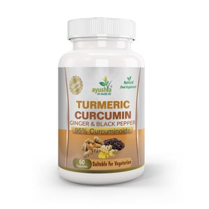 May include: A white bottle of turmeric curcumin supplement with a label that says "Ayushla Live Healthy Life" and "Natural Food Supplement". The label also says "Turmeric Curcumin Ginger & Black Pepper 95% Curcuminoids" and "60 Capsules Suitable for Vegetarian".