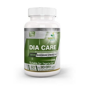 Può includere: Una bottiglia bianca con un'etichetta verde che dice "DIA CARE Blend of Herbs 500 MG MAXIMUM STRENGTH" e "Suitable for Vegetarian". La bottiglia è etichettata con "ayushla" e "Live Healthy Life". La bottiglia contiene 60 capsule ed è un'offerta di 30 giorni.