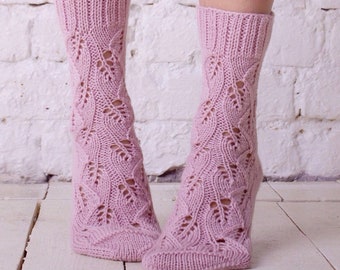 Lace Socks Knitting Pattern: Silver Night Socks with Leaves (PDF Download)