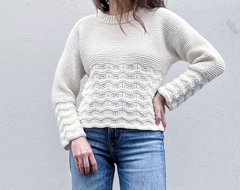 Knitting pattern Seesaw Sweater Women sweater pattern Crew neck cropped pullover pattern Top down women basic sweater PDF instant download