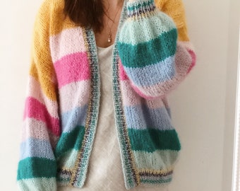 Striped mohair cardigan Colorful chunky cardigan Open front mohair cardigan Luxury knitted cardigan Striped bomber cardigan Glitter cuffs