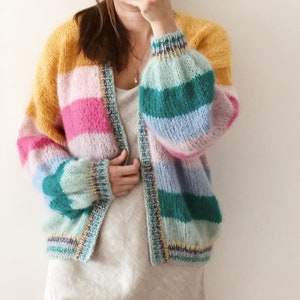 Striped mohair cardigan Colorful chunky cardigan Open front mohair cardigan Luxury knitted cardigan Striped bomber cardigan Glitter cuffs image 2