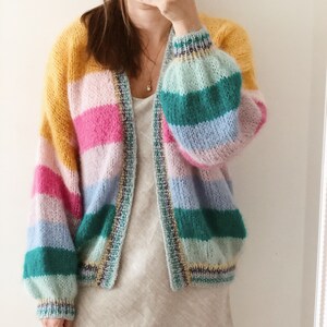 Striped mohair cardigan Colorful chunky cardigan Open front mohair cardigan Luxury knitted cardigan Striped bomber cardigan Glitter cuffs image 1