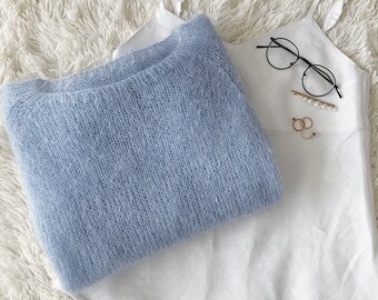 Mohair women jumper Hand knitted wool sweater Womens mohair sweater Ice blue mohair jumper Oversized women sweater Minimalist style sweater