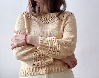 Knitting pattern Sunlit sweater Cotton sweater pattern Lace top down sweater pattern Easy raglan sweater pdf Oversized knit sweater pattern