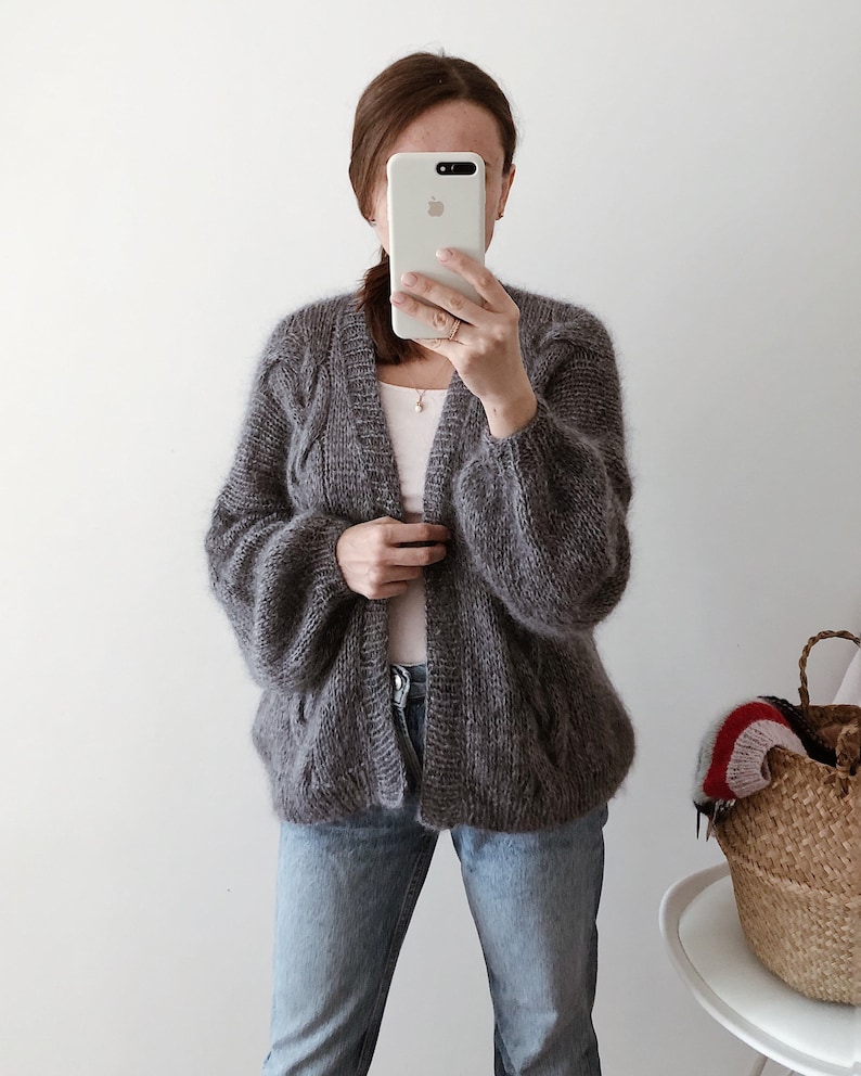 Grey mohair cardigan Chunky fluffy cardigan Women hand knitted Etsy