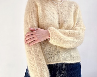 Mohair Pullover Knitting pattern, Minimalistic Raglan Top Down Alpaca Sweater (Austere Blouse, English Pattern)