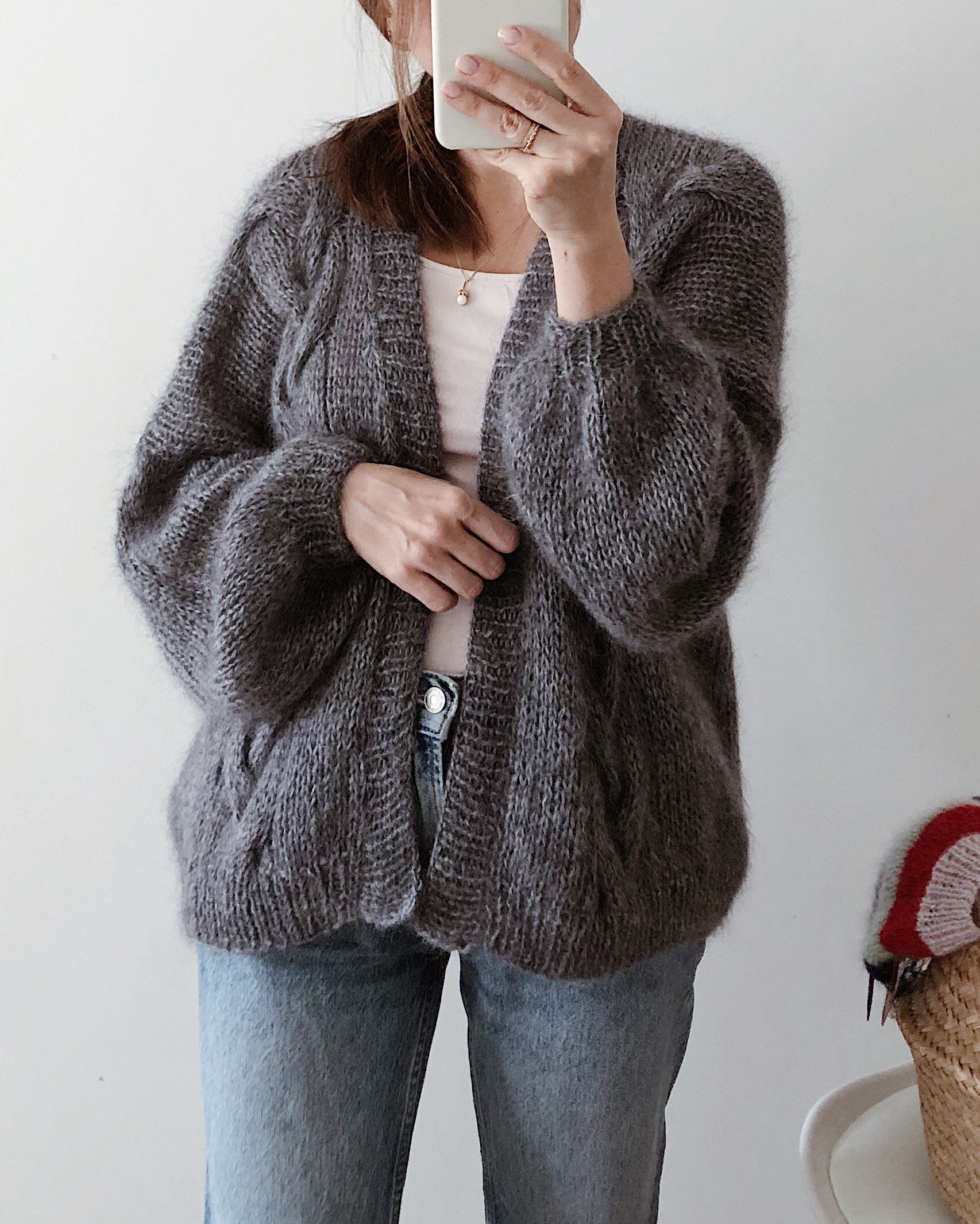 Grey mohair cardigan Chunky fluffy cardigan Women hand knitted Etsy