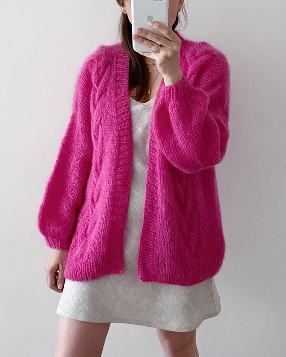 Fuchsia mohair cardigan Open front chunky cardigan Luxury | Etsy