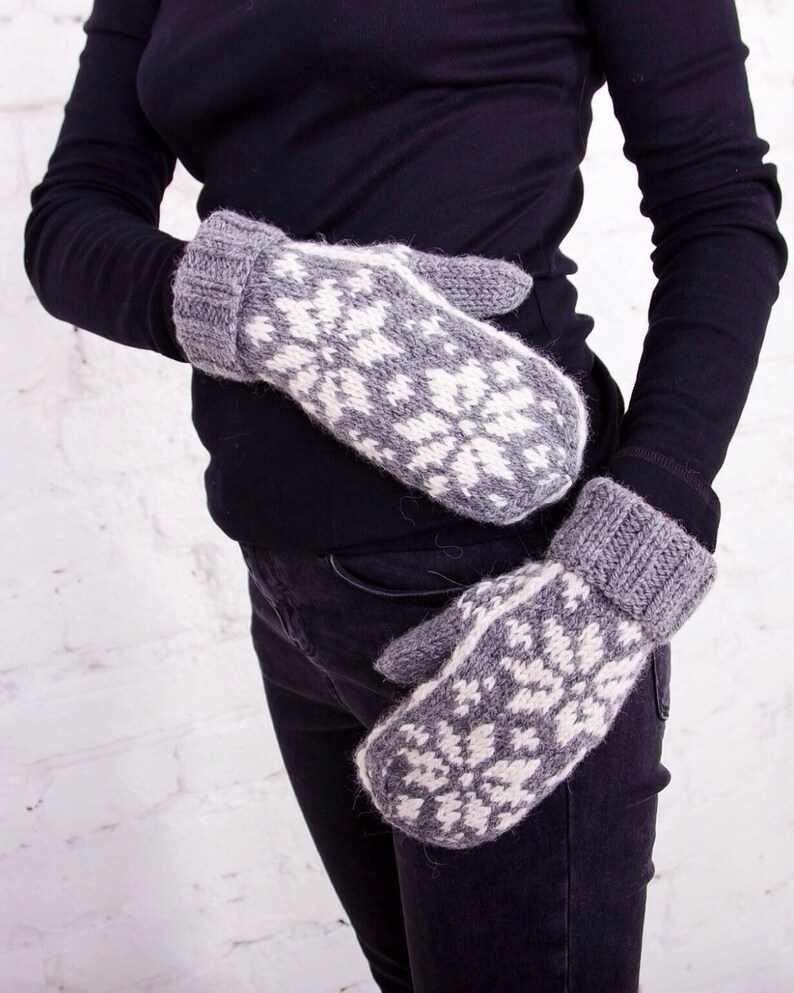 Wool mittens Grey knitted mittens Winter gloves Nordic women Etsy