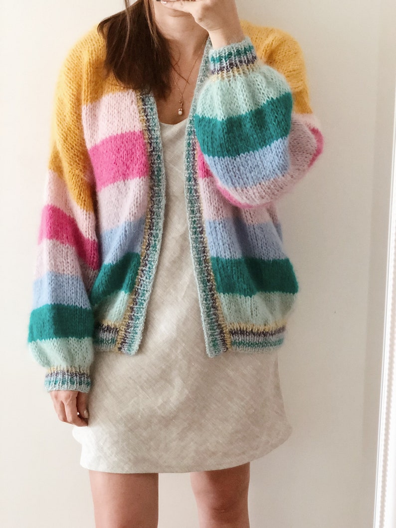 Striped mohair cardigan Colorful chunky cardigan Open front mohair cardigan Luxury knitted cardigan Striped bomber cardigan Glitter cuffs image 1