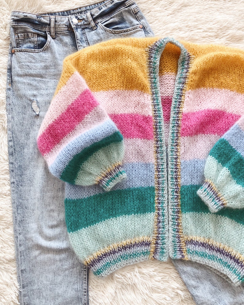 Striped mohair cardigan Colorful chunky cardigan Open front mohair cardigan Luxury knitted cardigan Striped bomber cardigan Glitter cuffs image 5