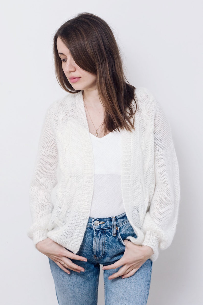 Grey mohair cardigan Chunky fluffy cardigan Women hand knitted Etsy