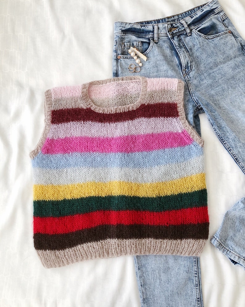 Mohair sweater vest Striped women vest Hand knitted vest Vintage style alpaca vest Striped sweater vest Bohemian vest Striped mohair vest image 1