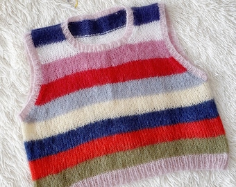 Vintage style striped vest Mohair women sweater vest Boho striped colorful striped vest Mohair women boho vest Hand knitted cropped vest