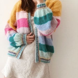 Striped mohair cardigan Colorful chunky cardigan Open front mohair cardigan Luxury knitted cardigan Striped bomber cardigan Glitter cuffs image 4