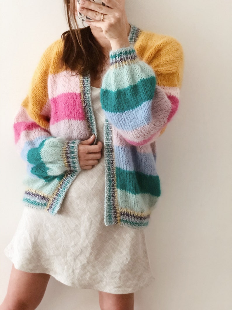 Striped mohair cardigan Colorful chunky cardigan Open front mohair cardigan Luxury knitted cardigan Striped bomber cardigan Glitter cuffs image 4