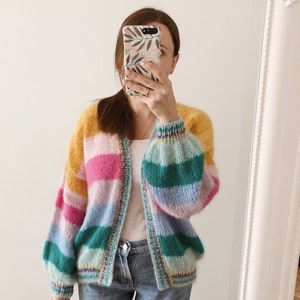 Striped mohair cardigan Colorful chunky cardigan Open front mohair cardigan Luxury knitted cardigan Striped bomber cardigan Glitter cuffs image 6