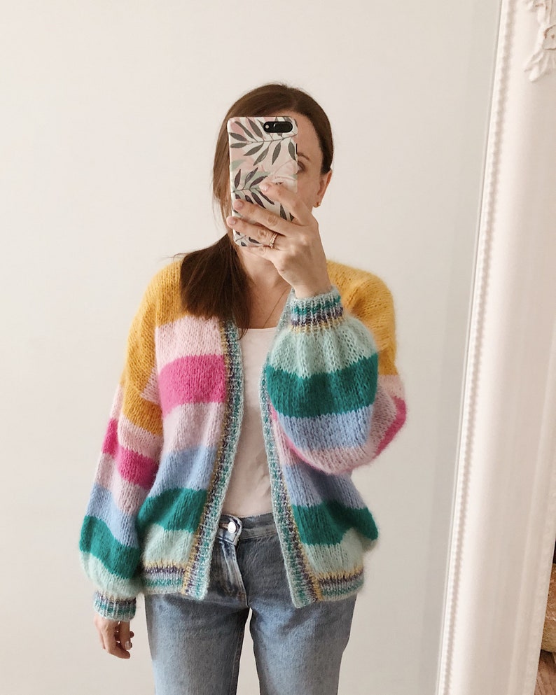 Striped mohair cardigan Colorful chunky cardigan Open front mohair cardigan Luxury knitted cardigan Striped bomber cardigan Glitter cuffs image 6