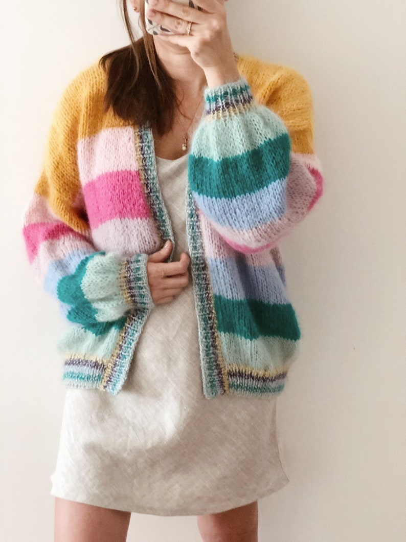 Striped mohair cardigan Colorful chunky cardigan Open front mohair cardigan Luxury knitted cardigan Striped bomber cardigan Glitter cuffs image 2