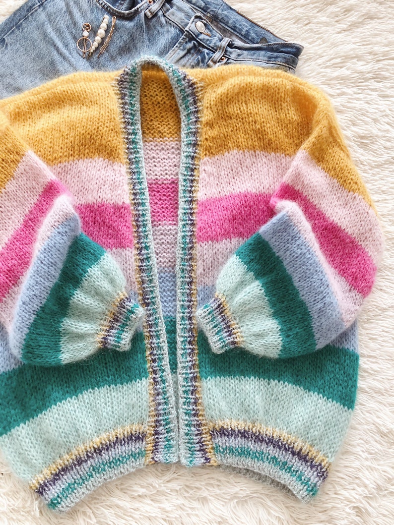 Striped mohair cardigan Colorful chunky cardigan Open front mohair cardigan Luxury knitted cardigan Striped bomber cardigan Glitter cuffs image 3