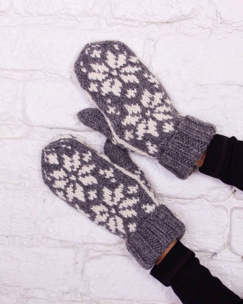 Wool mittens Grey knitted mittens Winter gloves Nordic women Etsy