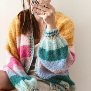 Striped mohair cardigan Colorful chunky cardigan Open front mohair cardigan Luxury knitted cardigan Striped bomber cardigan Glitter cuffs image 8