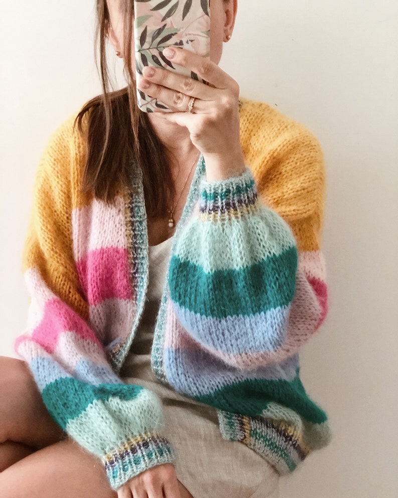 Striped mohair cardigan Colorful chunky cardigan Open front mohair cardigan Luxury knitted cardigan Striped bomber cardigan Glitter cuffs image 8