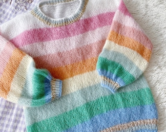 Suéter de mohair a rayas de lujo, jersey de punto colorido, jersey extragrande con puños gruesos dorados y plateados con purpurina.