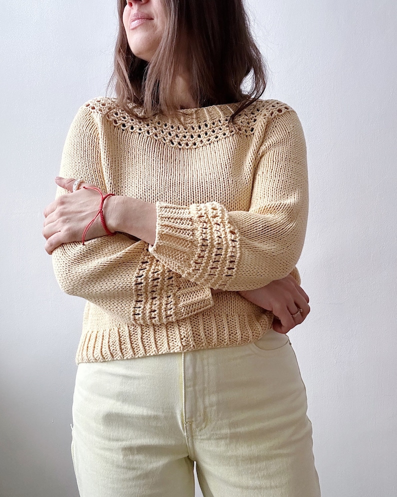 Knitting pattern Sunlit sweater Cotton sweater pattern Lace top down sweater pattern Easy raglan sweater pdf Oversized knit sweater pattern image 1