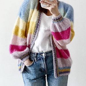 Colorful striped mohair cardigan with glitter cuffs Oversized striped women cardigan Bright chunky mohair cardigan Striped knitted cardigan
