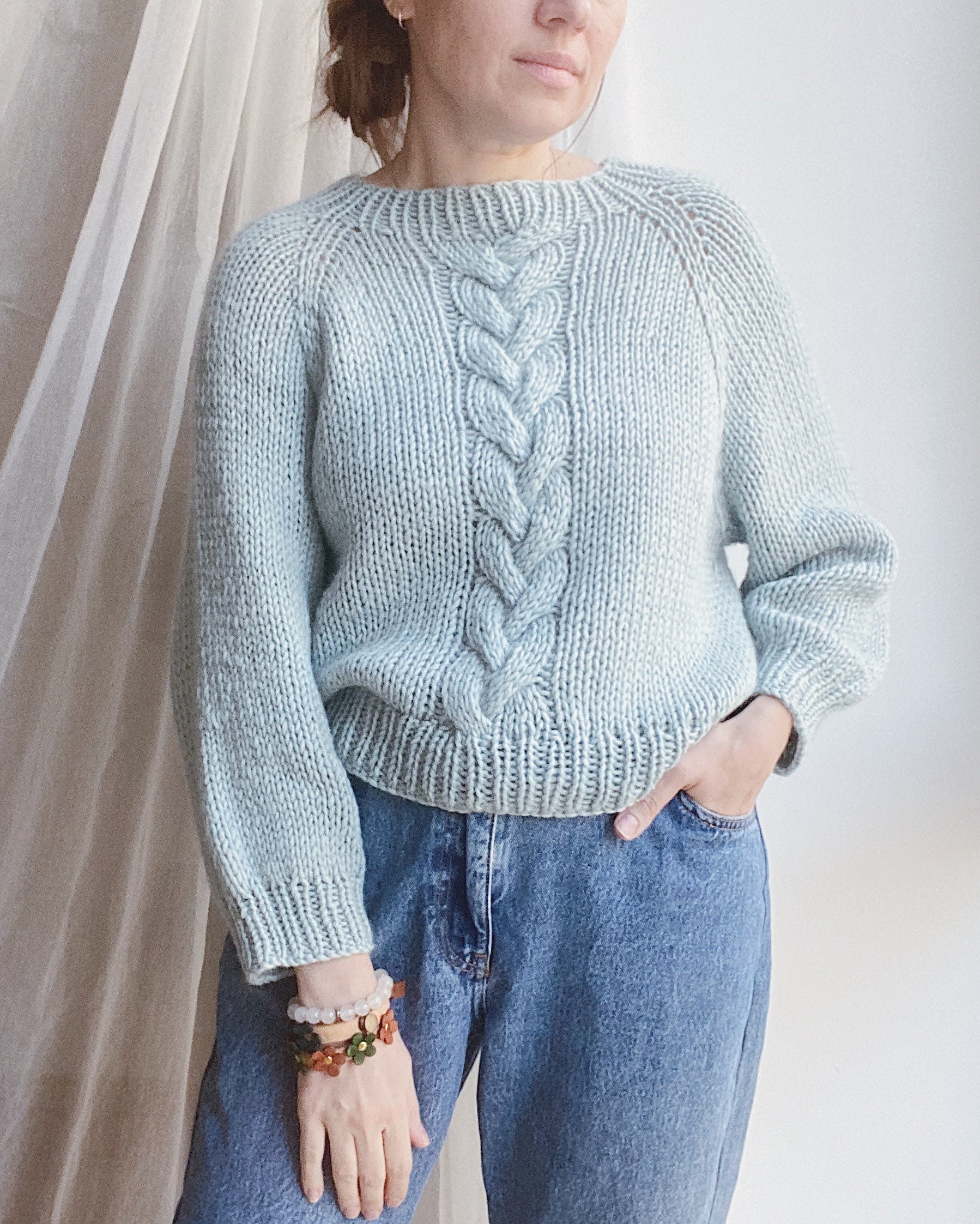 Chunky Cable Sweater Knitting Pattern: Oversized Raglan Cropped