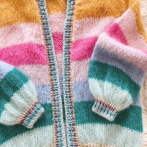 Striped mohair cardigan Colorful chunky cardigan Open front mohair cardigan Luxury knitted cardigan Striped bomber cardigan Glitter cuffs image 9