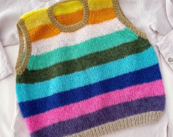 READY to SHIP Size XS/S Bright mohair vest Cropped sweater vest Vintage style boho vest Hand knitted striped vest Fluffy mohair knitted vest