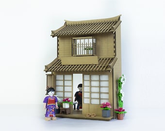 Fachada de casa japonesa de cartón para decoración de juguetes
