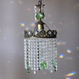Vintage Brass Crystal Chandelier: Green Octagonal Droplets, Mid-Century Style