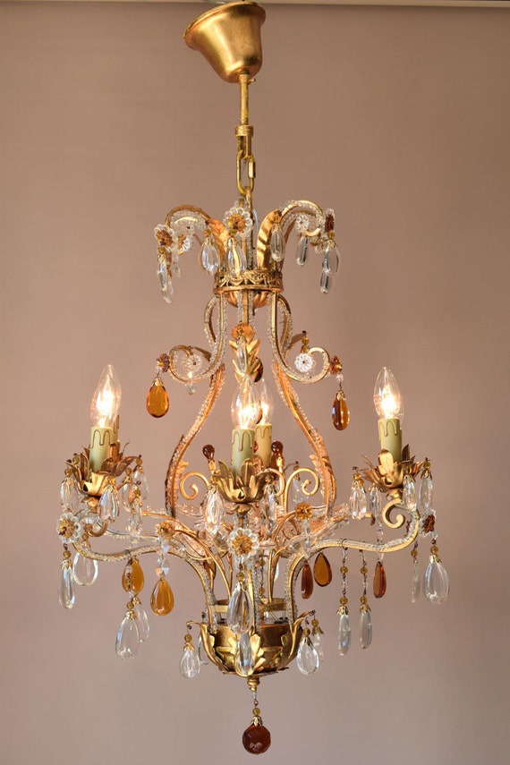 Italian Vintage Crystal Chandelier 6 Arm Art Nouveau Hanging Image 0