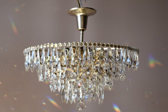 Antique French Crystal Chandelier In Brass Flush Vintage Ceiling Lighting 1950 S Lighting And Light Fittings Wedding Low Ceiling Light