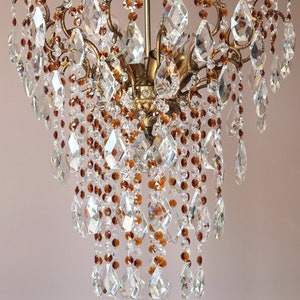 Vintage Amber Crystal Chandelier: Brass Cage Lighting