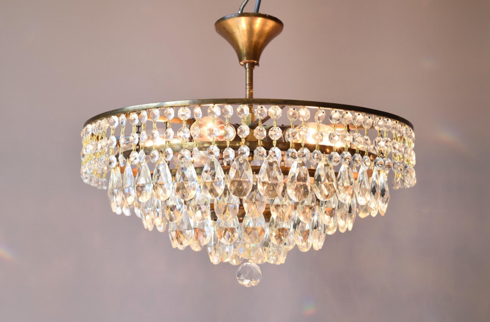 アンティーク真鍮製照明器具、ヴィンテージクリスタルシャンデリア